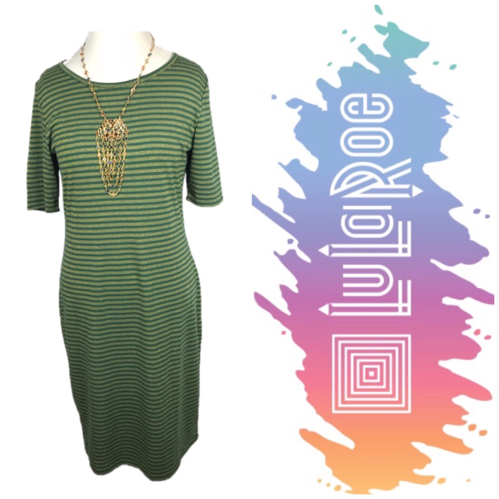 LuLaRoe Green and Gold Stripe Julia Dress - Picture 1 of 8